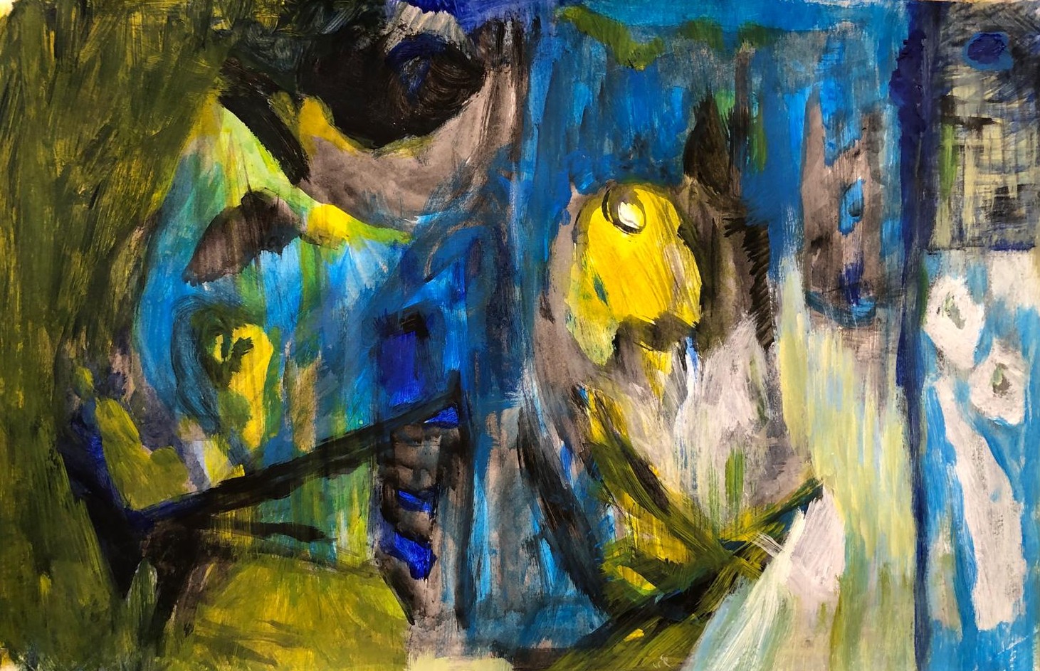 Expressief schilderij in blauw, groen en geel met abstracte vormen